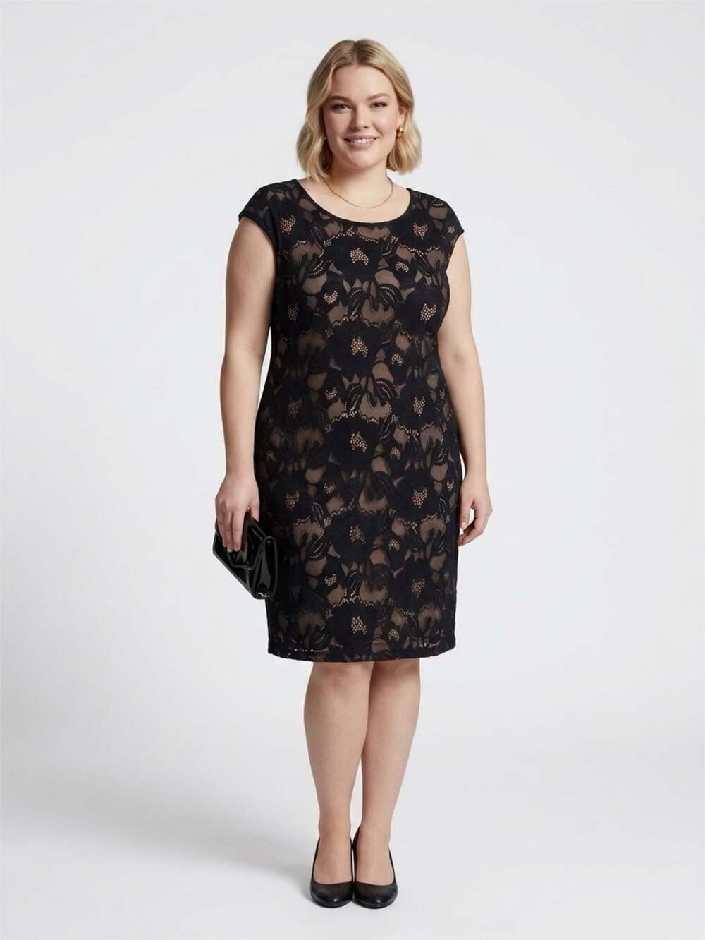 LBD, Blk Floral Lace Sheath Dress Nude Lining, It Girl, Gala, Sz. 16